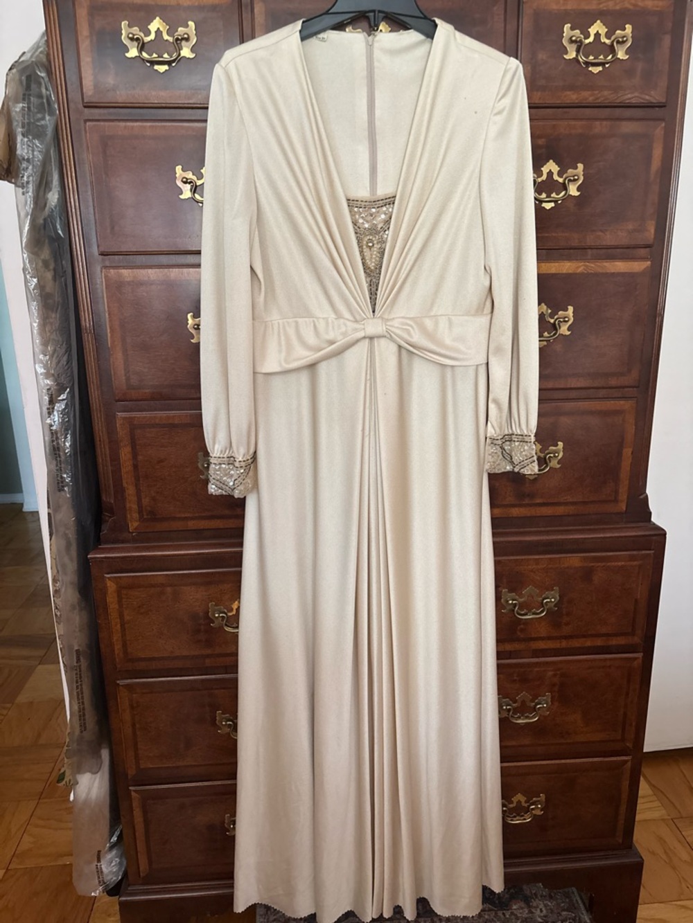 Vintage Beaded Neutral V-Neck Evening Gown